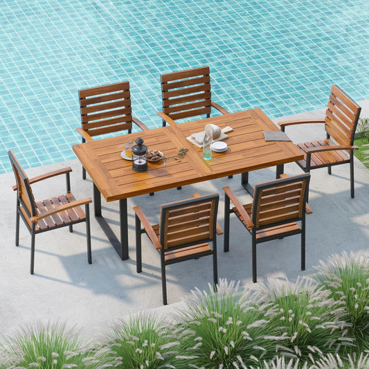WiberWi 7 Piece Outdoor Dining Set for 6, Acacia Wood 59.1" Patio Table and Chairs Set with Metal Frame, Patio Dining Furniture Set for Garden, Balcony, Backyard, Poolside, Brown & Black
