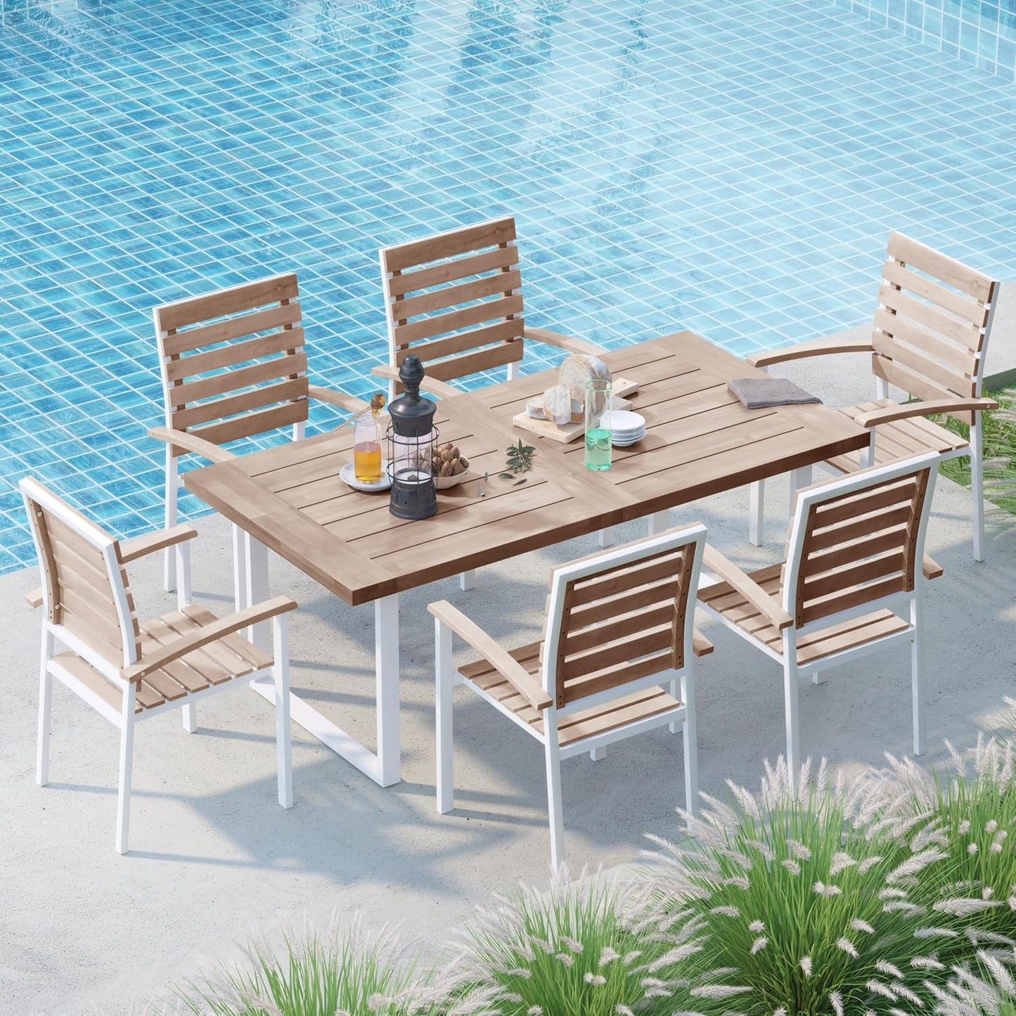 WiberWi 7 Piece Outdoor Dining Set for 6, Acacia Wood 59.1" Patio Table and Chairs Set with Metal Frame, Patio Dining Furniture Set for Garden, Balcony, Backyard, Poolside, Brown & Black