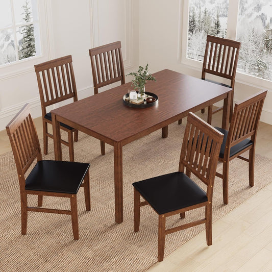 Dining Table Set for 6, Solid Wood Set, Farmhouse Rectangular Kitchen Table and 6 Chairs, 7-Piece Dinette Table Set for Dining Room, Living Room, Home Office, Terrace, Courtyard, Brown