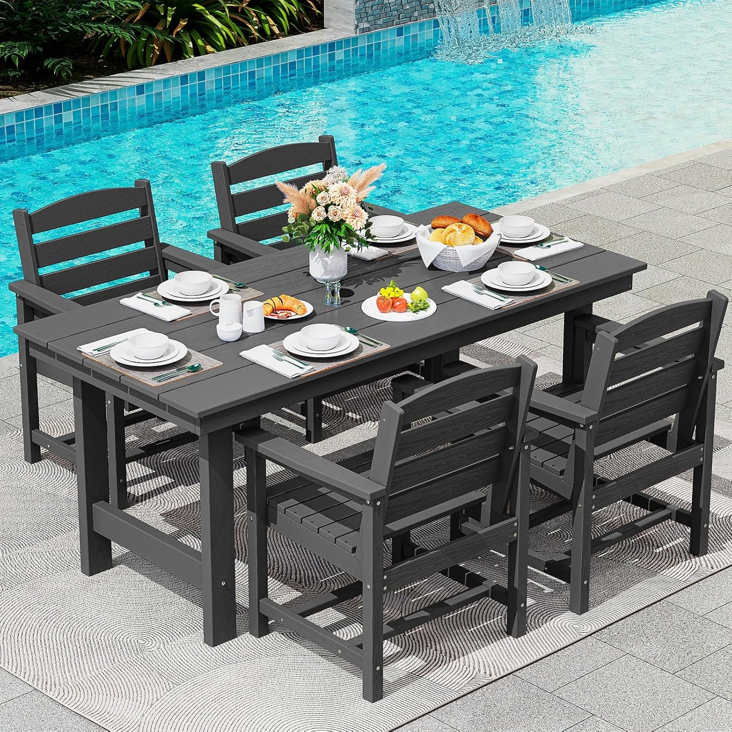 SERWALL 7-Piece Patio Dining Table Sets, Outdoor HDPE Dining Furniture Set with Umbrella Hole Cut-Out Table and 6 Chairs, White