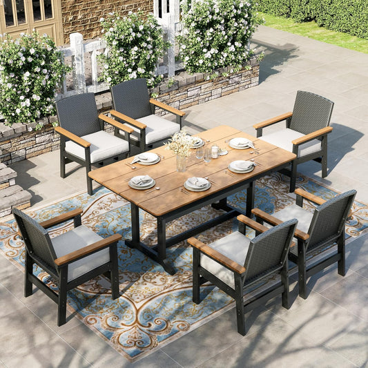 HERA'S HOUSE Patio Table and Chairs Set 7-Piece, HDPE Outdoor Dining Furniture Set with Cushions, All-Weather Wood Grain Table & Wicker Chairs for Backyard, Garden, Deck (Durable & Low Maintenance)