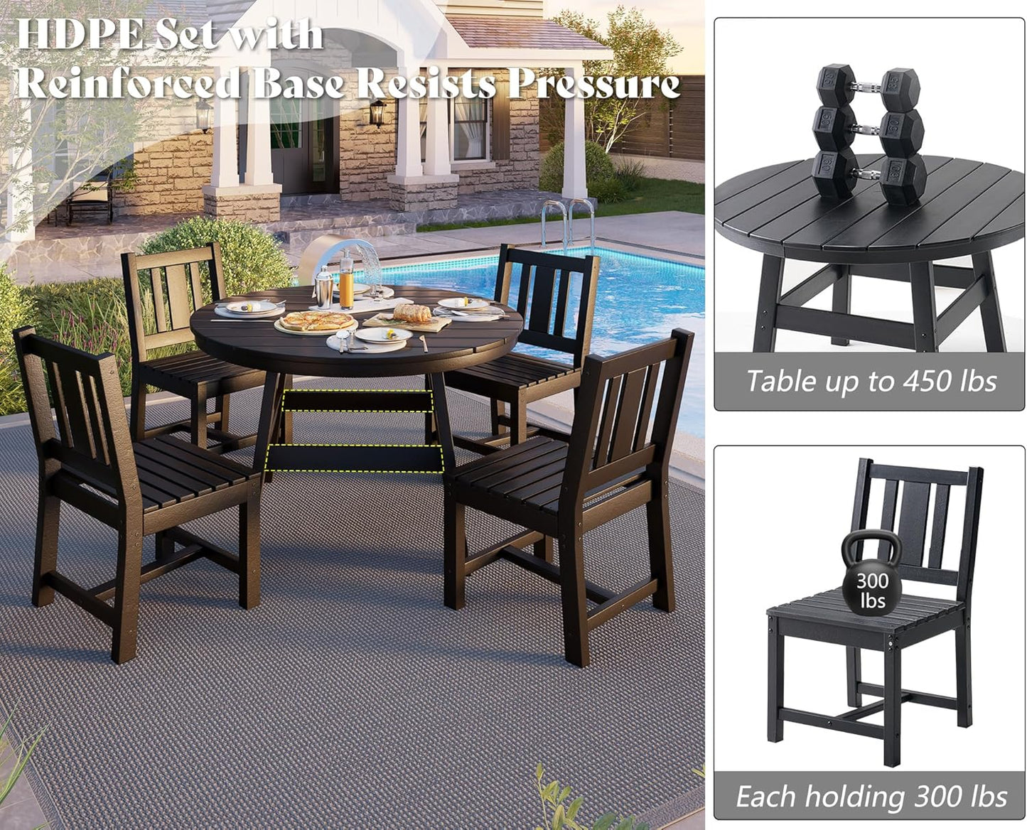 AMERLIFE 5 Piece HDPE Outdoor Dining Tables and Chairs, All-Weather Patio Outdoor Furniture with Umbrella Hole, Round Table for Garden, Backyard, Seaside, Black