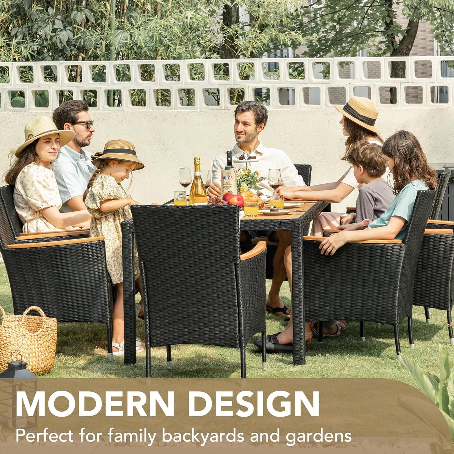 Devoko Outdoor Patio Dining Sets 9 Pieces Wicker Outdoor Dining Table and Chairs Set with Acacia Wood Table Top and Widened Armrests for Backyard, Garden, Deck (Black)