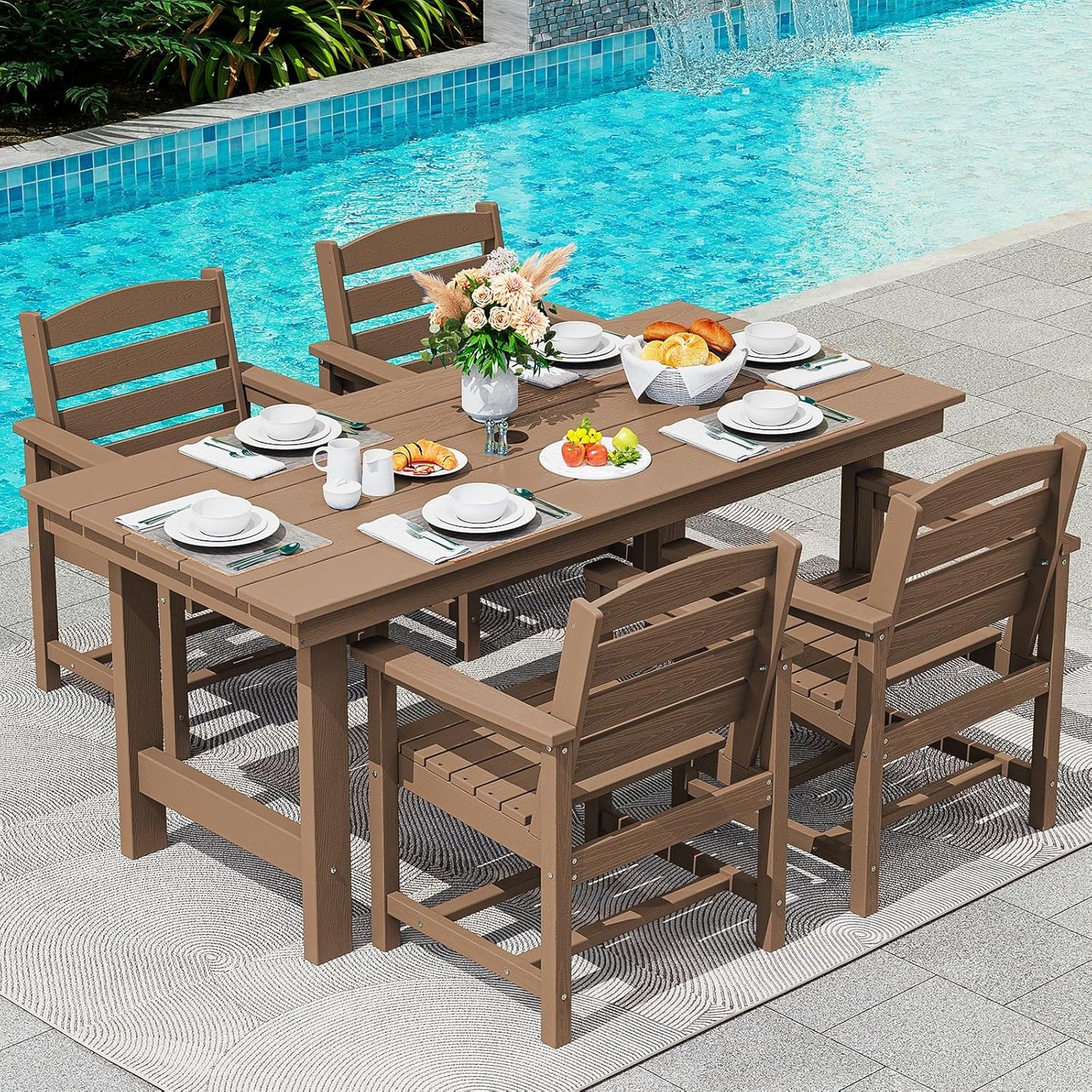 SERWALL 7-Piece Patio Dining Table Sets, Outdoor HDPE Dining Furniture Set with Umbrella Hole Cut-Out Table and 6 Chairs, White